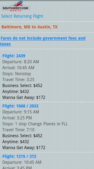Search results for returning flights on the Southwest mobile Web site